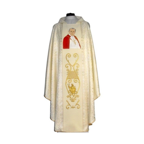 Messgewand mit dem Bildnis von Johannes Paul II. - cremefarbene Stoffrosette