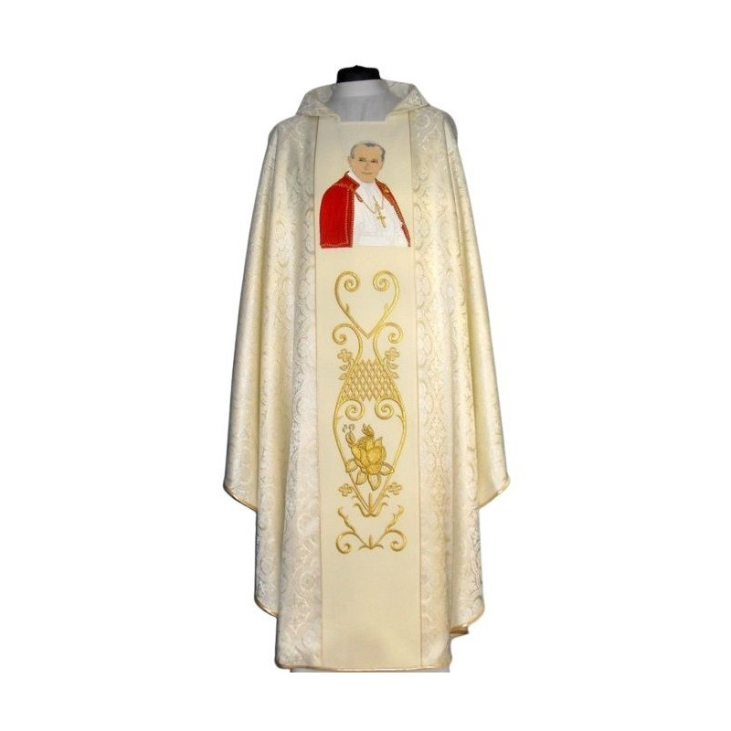 Messgewand mit dem Bildnis von Johannes Paul II. - cremefarbene Stoffrosette