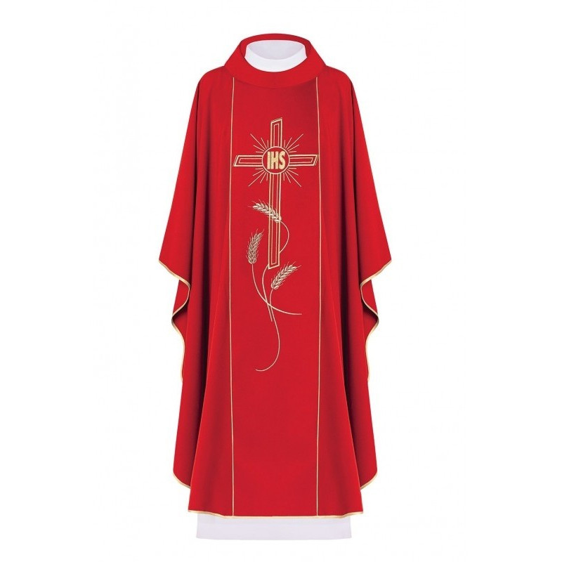 Gesticktes Messgewand Kreuz mit IHS-Symbol - rot (H14)