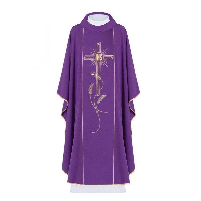 Gesticktes Messgewand Kreuz mit IHS-Symbol - lila (H14)