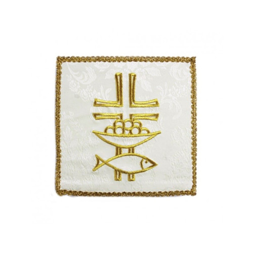 Weißes gesticktes Kelchtuch - Fisch, Kreuz