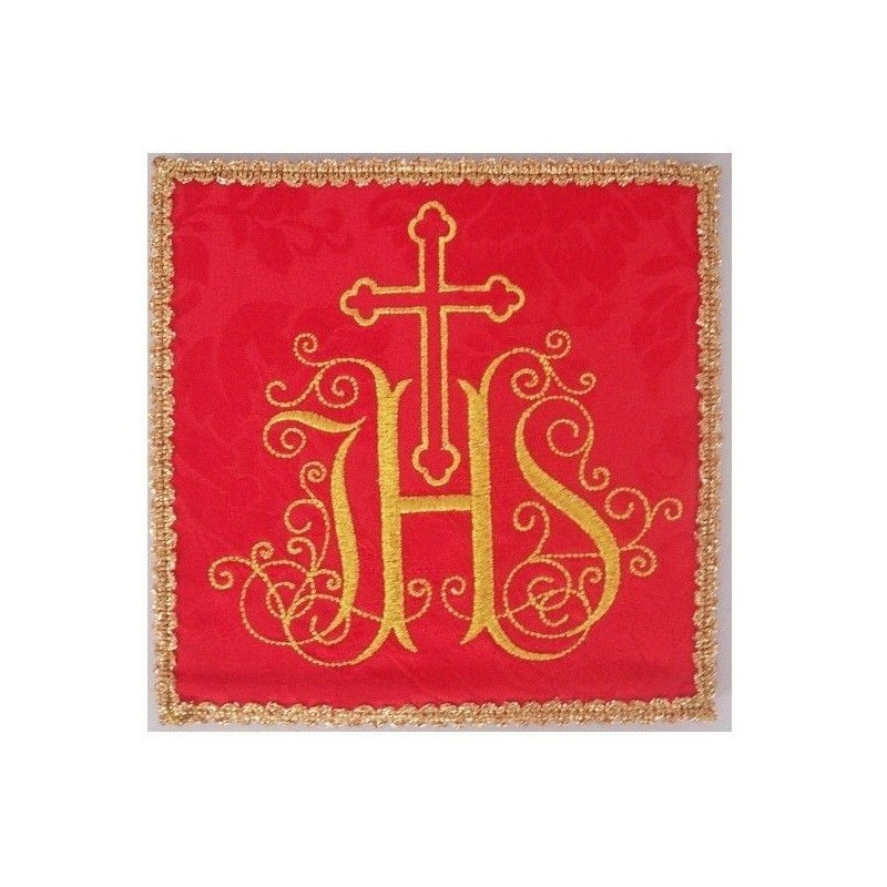 Besticktes rotes Kelchbahrtuch - IHS + Kreuz