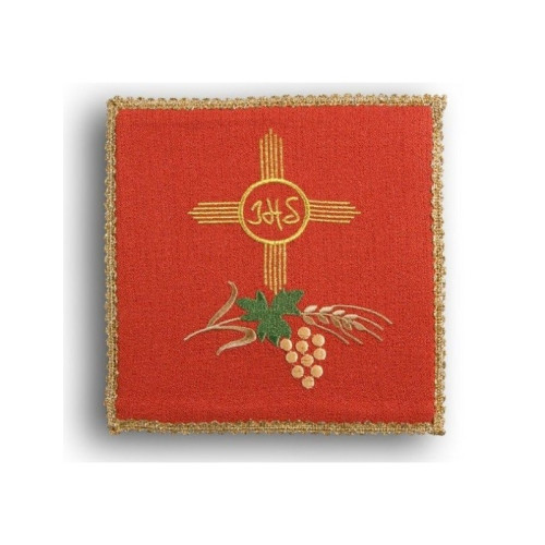Rotes gesticktes Kelchtuch - IHS im Kreis, Kreuz, Ohren