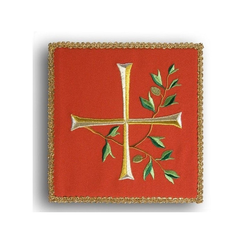Besticktes rotes Kelchtuch - Kreuz + Zweig