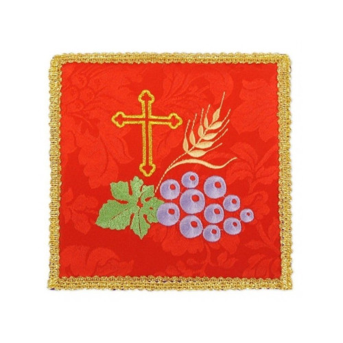 Besticktes rotes Kelchtuch - Kreuz, Traube, Ohren