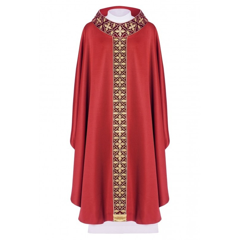 Besticktes Messgewand mit schmalem Gürtel, Ziersteine - rot (H56)