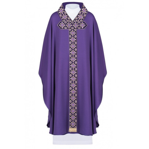 Messgewand mit gesticktem Gürtel und Kragen. Kreuzmotiv - violett (H88)