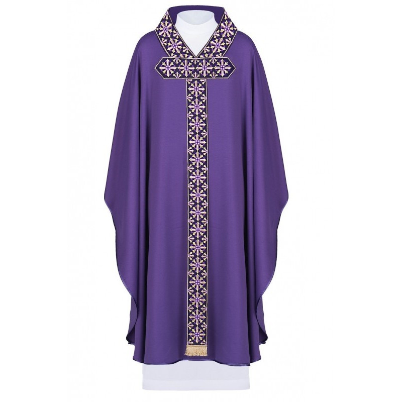 Messgewand mit gesticktem Gürtel und Kragen. Kreuzmotiv - violett (H88)