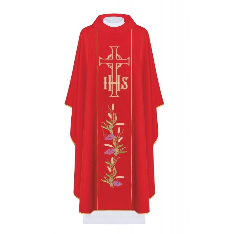 Gesticktes Messgewand mit dem Symbol des IHS, Kreuz und Trauben - rot (H109)